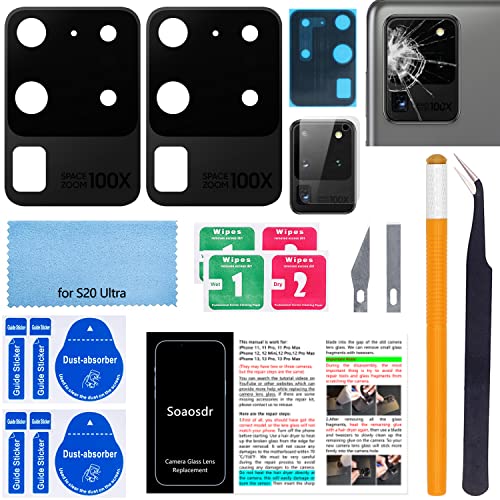2PCS Soaosdr Original Back Rear Camera Lens Glass Replacement for Galaxy S20 Ultra 6.9 inch with Lens Protective Film+pre-Installed Adhesive+Reparing Toolkit+Installation Manual