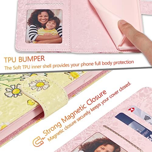 UEEBAI Wallet Case for iPhone 11 6.1 inch, PU Leather Phone Case Kickstand RFID Blocking Flip Case with Card Slots Wrist Strap Relief Engraved Pattern Magnetic Closure Folio Case - Yellow Daisy