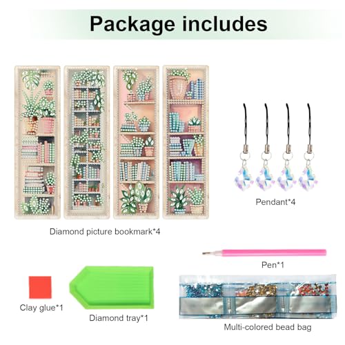 Image of 4 Pieces Diamond Painting Bookmarks for Adults Plant Bookshelf Design 5D Rhinestone Art Bookmark Kits Beautiful DIY Diamond Art Bookmarks with Tassels Crafts Gifts Supplies