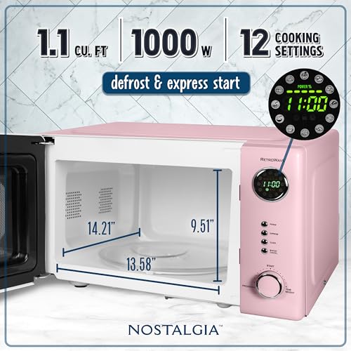 Nostalgia NRMO11PK6A 1000 Watt Power Retro Countertop Microwave Oven Easy to Clean with Removable Glass Turntable-Child Safety Lock-12 Programs-Digital Clock, 1.1 Cu. Ft, Pink