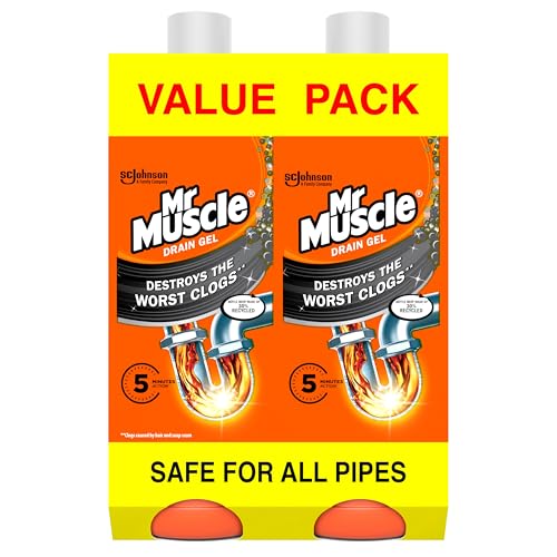 Mr Muscle Desbloqueador de drenaje, limpiador de fregadero y drenaje, gel de drenaje resistente de acción rápida, disuelve obstrucciones, funciona 3 veces mejor que el blanqueador, seguro para todas