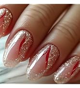 Round Press on Nails Short Fake Nails with Golden Glitter Red Lines Designs Oval Glue on Nails Nu...
