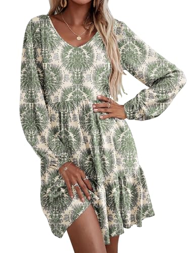 HOTOUCH Womens Casual A Line Dress V Neck Tiered Long Sleeve Fit Swing Dress with Pockets Loose Ruffled Dresses