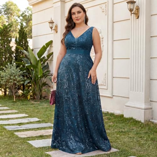 Image of Plus Size Formal Dresses for Women with Embroidery Sequin and V-Neck, A-Line Maxi Dress for Wedding and Cocktail