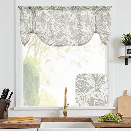 Jinchan Tie Up Valance For Small Window With Leaf Print 18 Inch Farmhouse Pull Cord Curtain Light Filtering Bow Tie Valance For Living Room Kitchen Window Treatment Rod Pocket 1 Panel Grey On Beige #TOP1