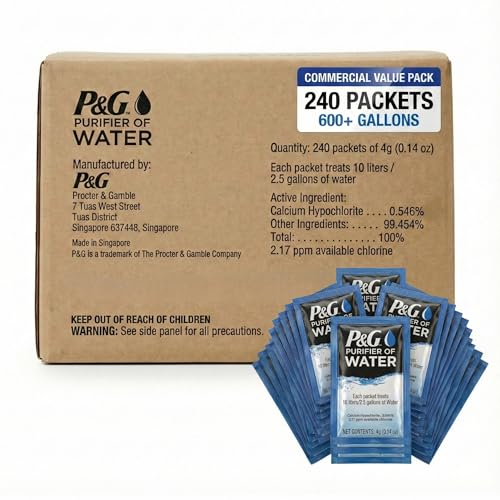 P&G Purifier of Water Portable Water Purifier Packets (Box of 240 Packets). Emergency Water Filter Purification Powder Packs for Camping, Hiking, Backpacking, Hunting, and Traveling.