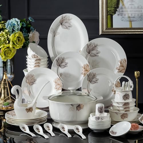 Zestaw zastawy stołowej z porcelany kostnej – 60 sztuk zastawy stołowej dla 8-10 osób, zawiera miski, talerze, łyżki i rondelki