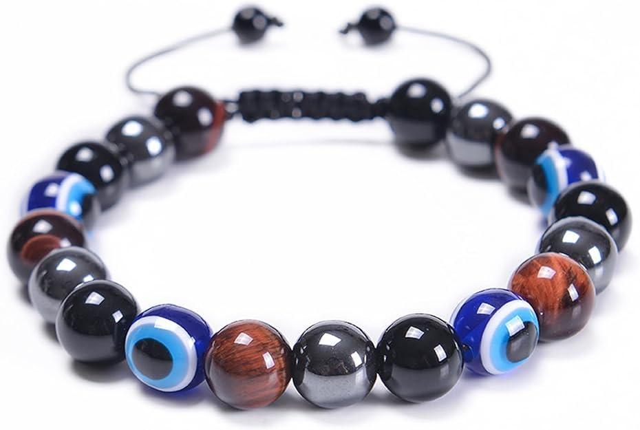 SOFT BLISS Evil Eye Bracelet - Unisex Jewelry for Protection, Fortune, Good Karma, Positivity - Stylish Charm with Tiger Eye & Obsidian Stones - 8mm Beads, 7" Adjustable Length, Dual String Closure