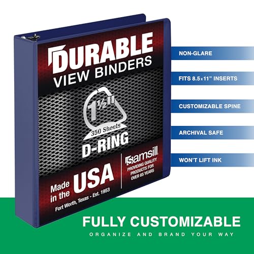 Image of Samsill Durable 1.5 Inch Binder, D Ring Binder, Customizable Clear View Cover, Midnight Blue, Holds 350 Pages