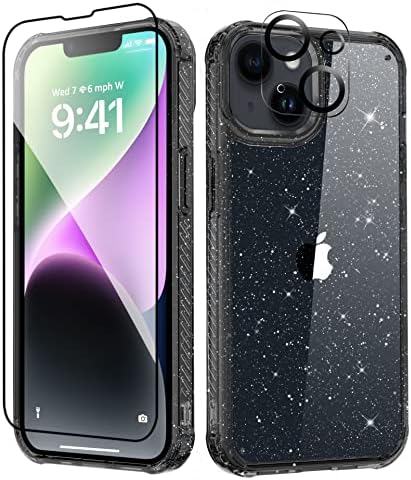 MIODIK Compatible with iPhone 14 Plus Case with Screen Protector + Camera Lens Protector, Non Yellowing Clear Glitter Protective Phone Case, Slim for iPhone 14 Plus 6.7 Inch 2022 - Sparkle Black