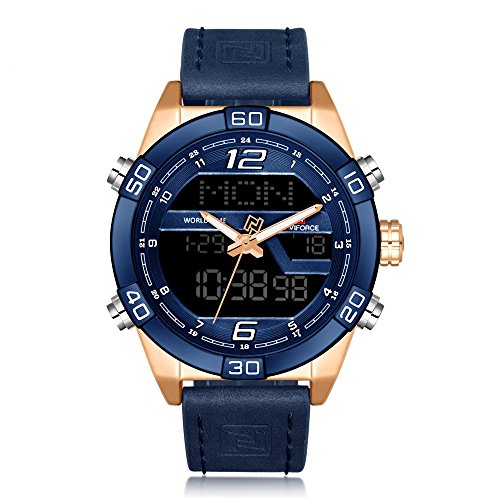 NAVIFORCE Original Men's Sports Leather Strap LED Multi-Function Wrist Watch 9128 (All Blue)