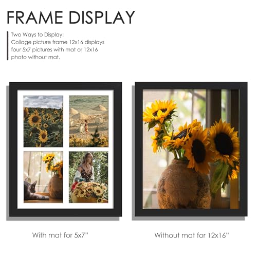 Image of DUENPY 12x16 Picture Frame, 5x7 Collage Picture Frame, Displays Four 5x7 inch Photos, or 12x16 (Without Mat) for Available Horizontal Wall Mounting Display and Vertical, Black.