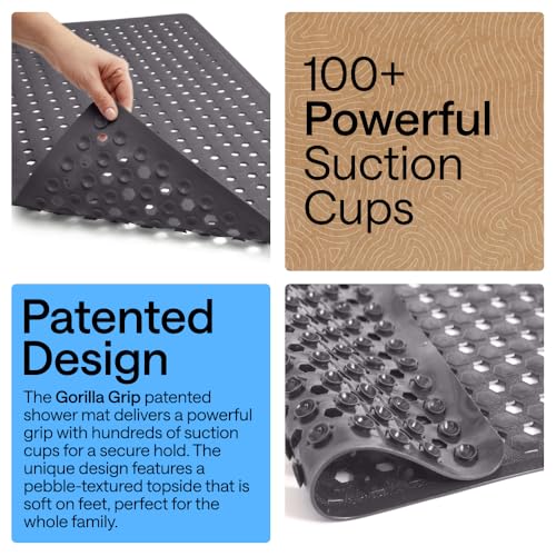 Image of GORILLA GRIP Patented Square Shower Stall Mat, Small Bathtub Floor Mats for Stand Up Showers, Suction Cups and Drain Holes, Machine Wash, Soft on Feet, Bathroom Accessories 21x21 Inch, Charcoal Opaque