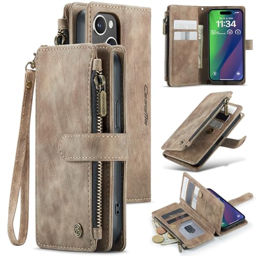 Étui portefeuille iPhone 15 en cuir PU brun avec porte-cartes et béquille