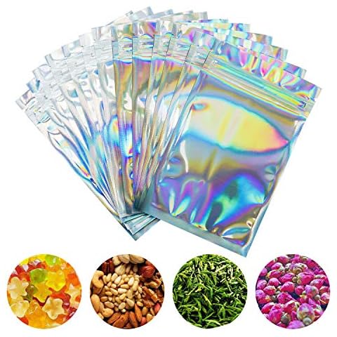 HAPPY COASTER CARDS 100 Pieces Smell Proof Bags - 3x5 Inches Resealable Mylar Bags Clear Zip Lock Food Candy Storage Bags Holographic Rainbow Color Cover