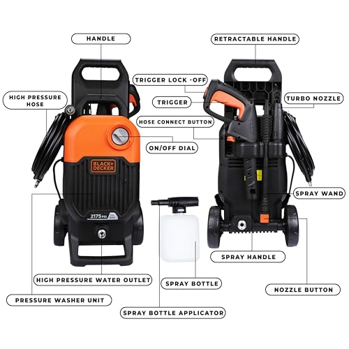 Image of Black + Decker Bepw2200 2000W 2175 Psi 150 Bar Pressure Washer for Car, Bike, Home & Garden Cleaning Use with Multiple Accessories Included, 1 Year Warranty, Orange & Black