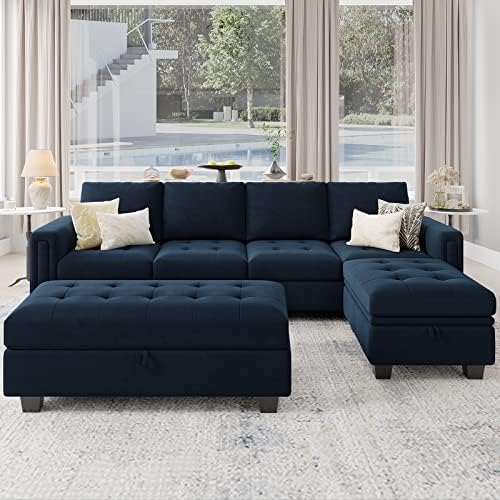 Belffin Velvet Convertible 4-Seat Sectional Sofa with Reversible Chaise L Shaped Sofa Couch Furniture Sets Sectional Couch with Storage Ottoman Blue