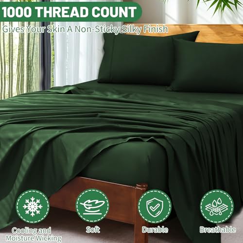 Image of Extra Deep Pocket King Sheets 18-24 Inch 100% Egyptian Cotton 1000 Thread Count Sateen Weave Soft Breathable 4 Pieces(King,Forest Green)