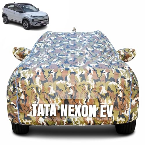 Image of 100% Waterproof Car Body Cover for Tata Nexon EV with Mirror Pocket (Heat & UV Resistant, Triple Stitched, Soft Lining, Bottom Elastic & Piping) Camouflage, Military Print
