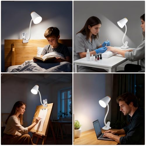 Image of EJIAXIN Clip on Desk Lamp for Home Office - Small LED Touch Dimmable Reading Light for College Dorm Room - Adjustable Flexible Gooseneck Clamp Light Table Lamp for Bedside Bedroom Bed Headboard White