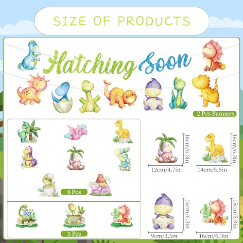Image of Dinosaur Baby Shower Decorations, No-DIY Hatching Soon Banners Baby Shower Decorations Boys, Cartoon Dinosaur Hanging Swirls Honeycomb Centerpieces Party Decor