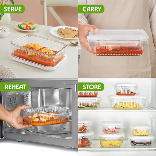Image of Borosil 1.05 L Fluted Klip N Store Rectangle Food Storage Container with Air Tight Glass Lid | Borosilicate Glass Container for Lunchbox | Microwave & Dishwasher Safe | Transparent