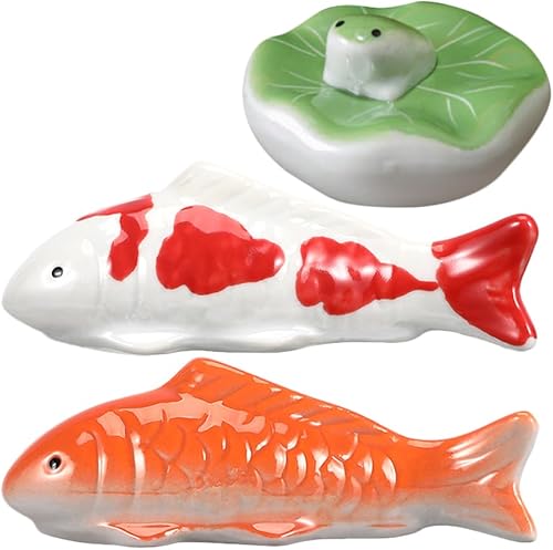 Peces flotantes de cerámica, 3 piezas de acuario flotante Goldfish Frog Koi figuras flotantes tanque realista, decoración de té para mascotas,