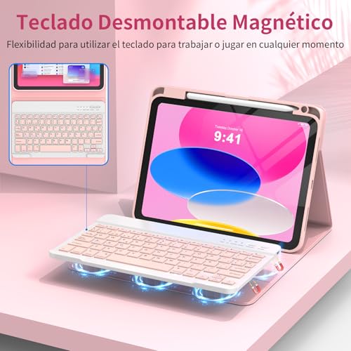 Teclado Bluetooth iPad 10ª generación funda magnética extraíble rosa QWERTY 6