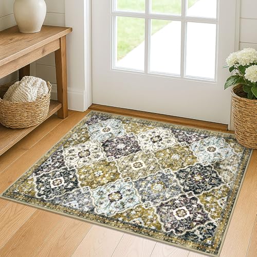 KILOCOCO 2x3 Area Rug, Moroccan Super Soft Entryway Rugs Indoor Vintage Washable Rug Non-Slip Indoor Door Mat, Accent Print Faux Wool Throw Rug for Laundry Kitchen Bedroom Entrance, Gold/Multi