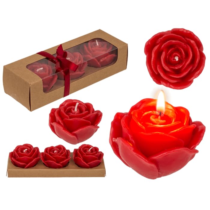Set di 3 Candele a Forma di Rosa Rossa - Decorative Rose Rosse in Scatola Regalo