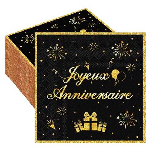 AUGSUN 40 Pcs Serviettes Papier Anniversaire Noir et Or, 3-Ply Serviettes Papier Jetables pour Les...