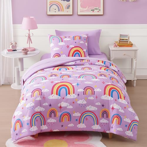 Image of Twin Comforter Set for Girls-5 Pieces Rainbows Glow in the Dark Bedding Set | Soft Bed in A Bag Twin with Sheet, Pillowcases & Shams