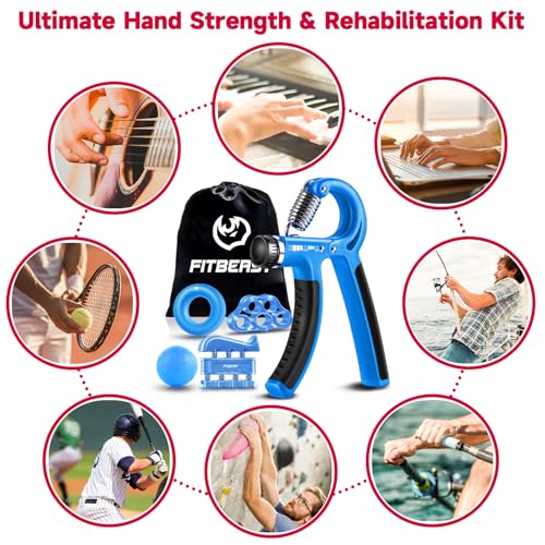 Hand Grip Strengthener Workout Kit (5 Pack) FitBeast Forearm Grip Adjustable Resistance Hand Gripper, Finger Exerciser, Finger Stretcher, Grip Ring & Stress Relief Grip Ball for Athletes (Light Blue) - Thumbnail 5