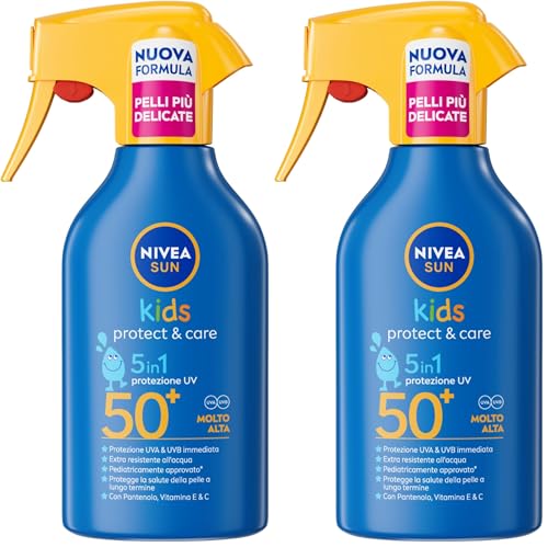 NIVEA SUN Kids Maxi Spray Protect & Care SPF 50+ 270 ml, Crema solare 50 bambini 3+ anni, Protezione solare 50 bambini spray extra resistente all'acqua e al sudore con Pantenolo, Vitamina C & E