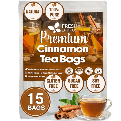 Image of FreshDrinkUS, Premium 15 Cinnamon Tea Bags, 100% Natural & Pure from Cinnamon Sticks. Cinnamon Herbal Tea. Made with Natural Material Tea Bags. No Sugar, No Caffeine, No Gluten, Vegan.