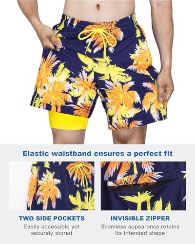 Image of SURF CUZ Mens Swim Trunks with Compression Liner Swim Shorts 7 inch Swimming Trunks Stretch 7 Inch Swim Suits Quick Dry