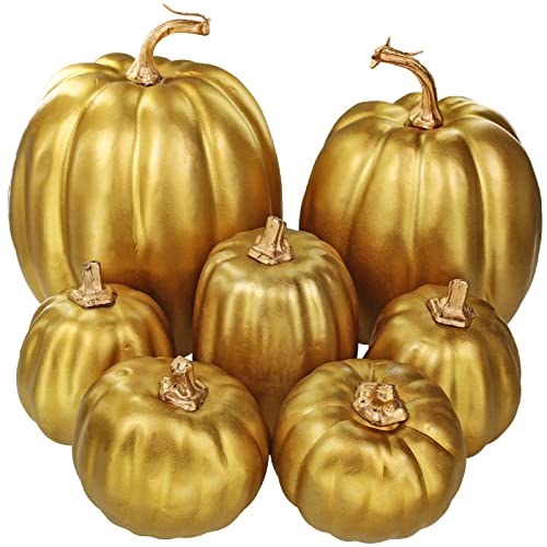 7 Pcs Assorted Sizes Gold Artificial Pumpkins and Gourds Foam