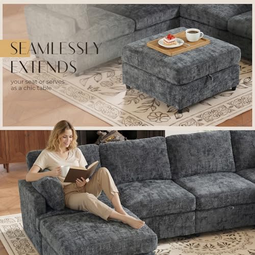 Image of 122.6 inch Chenille Modular Sectional 6 Seater Sofa, Deep Seat Couch with Ottoman & Removable Covers, Free Combination Modern Couch, L /U Shaped Modular Sectional Sofa, for Living Room, Apartment, Grey