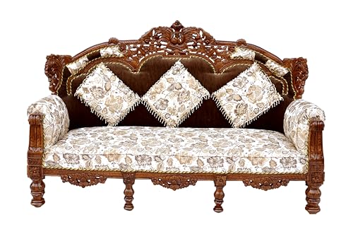Image of Wooden 8 Seater Sofa Set | 3+3+1+1 Solid Wood Hand-Carved White Brown Sofa | Traditional Design Furniture for Living Room | Home | Office