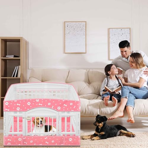 Image of 2 Pack Dog Playpens Cover and Bottom Mat Fits 4 Panels, Pink | for 36 Inch Pet Playpen, Dog Crate Cover Puppy Exercise Pad, Reusable Washable, Hook and Loop Design, Playpen Not Included