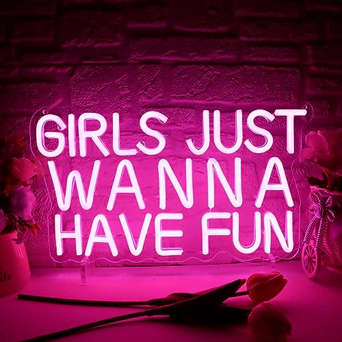 Image of Girls Just Wanna Have Fun Neon Sign for Wall Decor, Retro Style Pink LED Neon Signs, Wedding Party Girl Neon Light Sign,USB Powered for Teen Bedroom Aesthetic Wedding Party Christmas Birthday