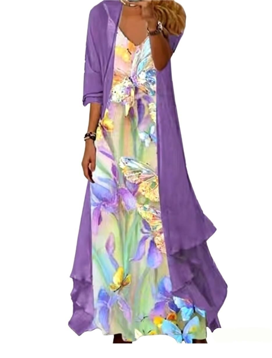 Vestido Mujer Dos Piezas Boho Floral Vestido Largo De Gasa con Cárdigan Talla Grande Elegante para Invitadas De Boda Y Uso Casual Q