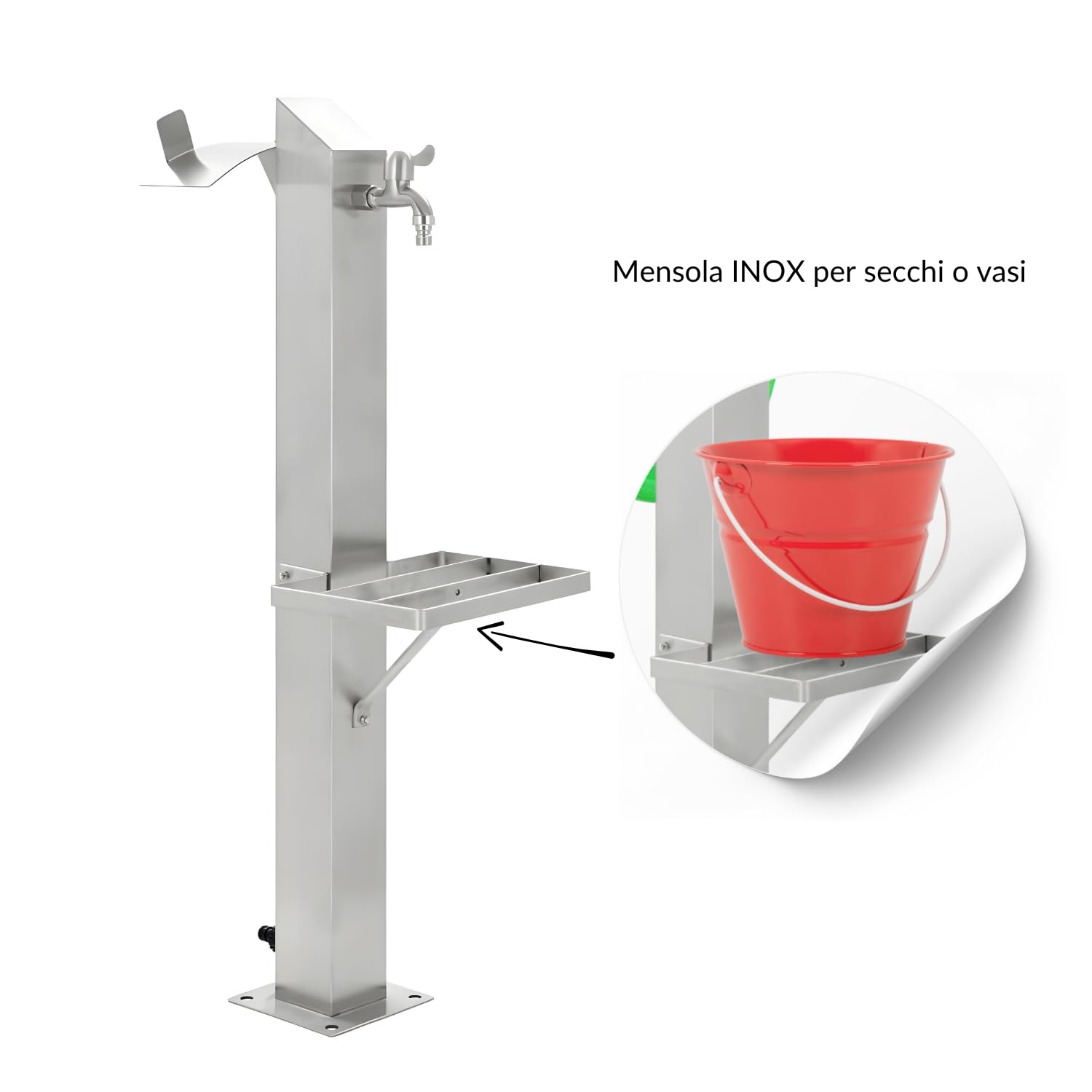 Fontana da Giardino a Colonna Esterno MAGNOLIA Acciaio Inox Spazzolato H 95 cm a Pavimento con Mensola