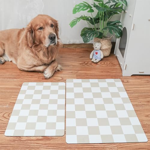 Ralxion Checkered Dog Feeding Mat, Absorbent Mats for Dog Food and Water Bowl, Dispenser, Retro Aesthetic Khaki Beige Checkerboard Pet Placemat for Dogs, Cats, Puppy Accessories, 12\" X 19”