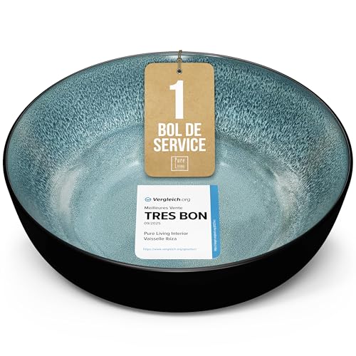 Bol de service en faïence Ibiza - Saladier méditerranéen de qualité supérieure - Résistant au lave-vaisselle, au micro-ondes et aux rayures - Grand bol à salade - Bol à céréales en Bleu Fumé