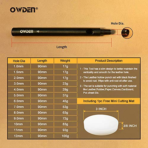 OWDEN Professional 13 Pcs Leather Hole Punch Set (Slim Style) 1.0-12MM for Leather Belt,Watch Band and Leather Strap Gasket. with a Free 3" Nylon mat.