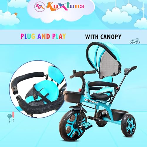 Image of Tricycle for Kids with Canopy and Comfort Seat - The Parents Choice for 1-5 Years Old, 30kg Max, Luxurious & Durable Trike. Advanced Parental Control Handle and Safety Belt, Blue