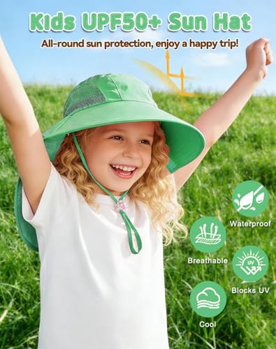 Image of Rosoz Kids Sun Hat with Neck Flap UV Protection Summer Toddler Beach Hat Unisex Ponytail Hat Wide Brim Fishing Hat