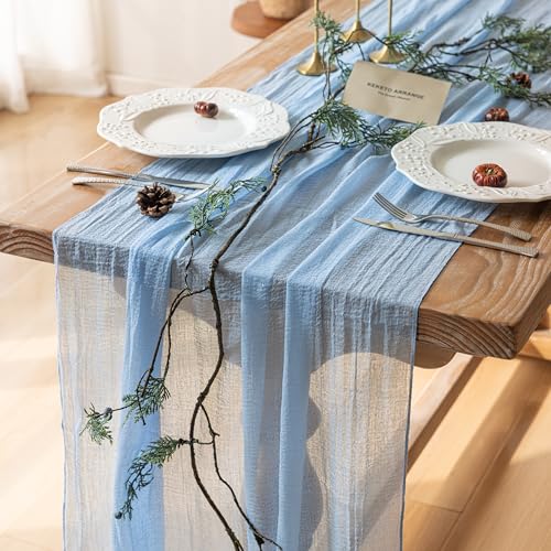Keketoarrange Cheesecloth Light Blue Table Runner Gauze Rustic Cheese Cloth Table Runner 120 Inch 10 FT for Wedding Baby Shower Bridal Shower Birthday Party Sheer Home Boho Decorations