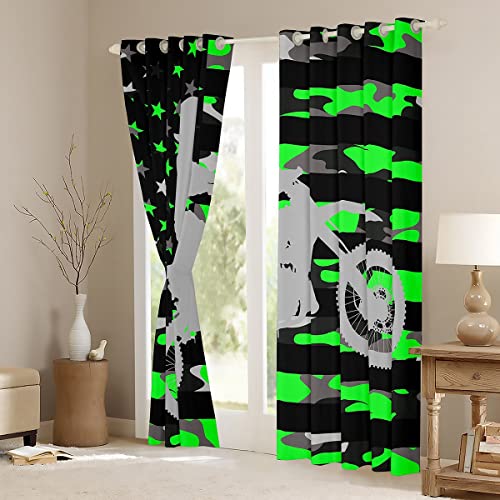 Fluorescent Green Camo Curtains For Bedroom Living Room Dirt Bike Darkening Dreapes Boys Extreme Sports Blackout Curtains Camouflage Racing Motocross Rider Window Treatments (2 Panels, 42 X 63 Inch) #TOP2